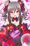  box commentary_request drill_hair gift gift_box giving gloves heart-shaped_box highres holding holding_gift idolmaster idolmaster_cinderella_girls incoming_gift kanzaki_ranko long_hair open_mouth red_eyes silver_hair smile solo twin_drills twintails urabi_(tomatohouse) valentine 