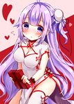  azur_lane bangs blush box breasts bun_cover china_dress chinese_clothes cleavage cleavage_cutout commentary_request dress eyebrows_visible_through_hair flying_sweatdrops gift gift_box hair_between_eyes hair_bun heart hinanosuke holding holding_gift long_hair looking_at_viewer medium_breasts parted_lips pelvic_curtain purple_eyes purple_hair side_bun solo unicorn_(azur_lane) valentine very_long_hair white_dress 