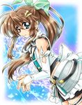  ahoge aqua_ribbon bike_shorts blush bridal_gauntlets brown_hair commentary commentary_request fuuka_reventon green_ribbon hair_ornament hair_ribbon hairclip hands_together highres long_hair looking_at_viewer lyrical_nanoha magical_girl ponytail ribbon san-pon sidelocks solo vivid_strike! 