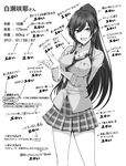  black_hair breasts cleavage commentary earrings greyscale hagane_soushi highres idolmaster idolmaster_shiny_colors jewelry long_hair measurements medium_breasts miniskirt monochrome open_mouth plaid plaid_skirt ponytail shirase_sakuya skirt smile solo standing translated very_long_hair 