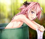  :d astolfo_(fate) bathing black_bow black_ribbon blush bow braid commentary_request drum_(container) drum_bath fang fate/apocrypha fate/grand_order fate_(series) hair_intakes hair_ribbon hyt_jihei long_braid long_hair male_focus multicolored_hair nipples nude open_mouth otoko_no_ko pink_hair purple_eyes ribbon single_braid smile solo streaked_hair 