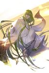  absurdres androgynous blue_pants enkidu_(fate/strange_fake) fate/strange_fake fate_(series) green_eyes green_hair hair_between_eyes highres hutagi_rouka long_hair looking_at_viewer male_focus pants robe solo very_long_hair white_robe 