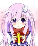  blush box d-pad d-pad_hair_ornament gift hair_between_eyes hair_ornament heart-shaped_box holding holding_gift kurozero long_hair looking_at_viewer nepgear neptune_(series) purple_eyes purple_hair red_scarf scarf smile solo upper_body valentine 