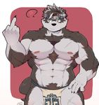  5_fingers abs anthro canine clothing digital_media_(artwork) fur headband hi_res horkeukamui kemono loincloth male mammal middle_finger multicolored_fur muscular muscular_male nipples pecs quanjiang simple_background tokyo_afterschool_summoners white_fur wolf 