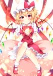  blonde_hair blush commentary_request crystal dress flandre_scarlet full_body gift hair_between_eyes hat hat_ribbon heart heart-shaped_pupils heart_background heart_pillow highres holding holding_gift knees_together_feet_apart looking_at_viewer medium_hair miy@ mob_cap panties pantyshot pillow red_dress red_eyes red_ribbon ribbon ribbon-trimmed_dress side_ponytail sitting_on_pillow smile solo star star_print symbol-shaped_pupils touhou underwear valentine white_panties wings 
