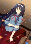  2017 arm_grab bad_id bad_pixiv_id black_hair blue_eyes blush bow_(instrument) commentary_request confetti dated instrument long_hair looking_at_viewer red_skirt skirt solo toono_akiha tsukihime twitter_username violin yugiri_yaa 