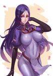  absurdres bangs black_gloves bodysuit breasts commentary_request covered_navel d.sum fate/grand_order fate_(series) gloves highres large_breasts loincloth long_hair looking_at_viewer minamoto_no_raikou_(fate/grand_order) parted_bangs purple_bodysuit purple_eyes purple_hair ribbed_sleeves rope skin_tight solo very_long_hair 