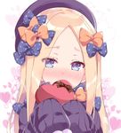  abigail_williams_(fate/grand_order) bangs black_bow black_dress black_hat blonde_hair blue_eyes blush bow box brown_ribbon commentary_request covering_mouth dress eyebrows_visible_through_hair eyes_visible_through_hair fate/grand_order fate_(series) gift gift_box hair_bow hands_up hat heart heart-shaped_box heart_background holding holding_gift long_hair long_sleeves looking_at_viewer nose_blush orange_bow parted_bangs polka_dot polka_dot_bow ribbon rioshi shiny shiny_hair sidelocks sleeves_past_fingers sleeves_past_wrists solo straight_hair upper_body valentine white_background 