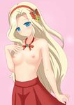  absurdres areolae bangs blonde_hair blue_eyes blush breasts commentary cygnus_(maplestory) highres jewelry long_hair maplestory nipples no_bra pendant red_skirt shandougen_shimifu skirt smile solo 