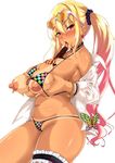  1girl areolae bangs bikini blonde_hair blush body_writing bracelet breast_hold breast_squeeze breasts butterfly chocolate choker curvy dress_shirt earrings erect_nipples eyebrows_visible_through_hair garters gradient_hair ground_zero hair_between_eyes heart heart-shaped_pupils heart-shaped_sunglasses large_breasts licking long_hair looking_at_viewer nail_polish nipples pink_hair plump polka_dot_bikini red_eyes scrunchie shatte_judevesten shiny_skin sidelocks simple_background solo sunglasses super_robot_wars super_robot_wars_x-omega symbol-shaped_pupils tan tanline tongue_out twintails upper_body valentine white_background 
