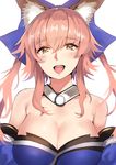  :d animal_ears artist_name bangs bare_shoulders blue_bow blush bow breasts cleavage commentary_request detached_sleeves eyebrows_visible_through_hair fate/extra fate/grand_order fate_(series) fox_ears fox_girl hair_between_eyes hair_bow hair_ornament hair_ribbon large_breasts long_hair looking_at_viewer nd open_mouth pink_hair ribbon rinaka_moruchi sidelocks signature simple_background smile solo tamamo_(fate)_(all) tamamo_no_mae_(fate) twintails white_background yellow_eyes 