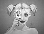  bare_shoulders card collarbone daniel_macgregor dc_comics freckles greyscale harley_quinn joker lips looking_at_viewer monochrome playing_card smile solo twintails upper_body 