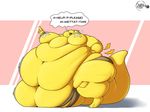  2018 alphys belly big_belly big_breasts breasts clothing deep_navel dralffeine english_text female morbidly_obese navel obese overweight solo text torn_clothing undertale video_games 