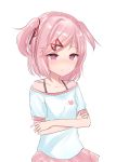  1girl absurdres bangs closed_mouth collarbone commentary crossed_arms doki_doki_literature_club eyebrows_visible_through_hair fang fang_out hair_ribbon highres natsu_(sinker8c) natsuki_(doki_doki_literature_club) off-shoulder_shirt pink_hair pink_skirt purple_eyes red_ribbon ribbon shirt shirt_straps short_sleeves simple_background skirt solo symbol_commentary two_side_up white_background white_shirt 