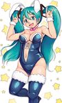  :d \m/ animal_ears black_footwear black_leotard blush boots breasts bunny_ears bunny_girl cleavage collarbone double_\m/ eyebrows_visible_through_hair fur_trim green_eyes green_hair groin hair_between_eyes hatsune_miku head_tilt high_heels highres leg_up leotard long_hair looking_at_viewer medium_breasts open_mouth orizen pink_neckwear smile solo star thigh_boots thighhighs twintails very_long_hair vocaloid white_background 