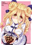  :o blonde_hair bow box box_of_chocolates braid breasts chocolate date_a_live double_bun floral_print fur_trim gift hair_between_eyes hair_bow heart-shaped_box highres holding holding_gift hoshimiya_mukuro large_breasts lavender_dress long_hair purple_ribbon ribbon ribbon-trimmed_dress smile solo star translation_request tsubasaki valentine very_long_hair yellow_eyes 