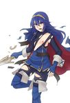  blue_eyes blue_gloves blue_hair bodysuit boots breasts cape fingerless_gloves fire_emblem fire_emblem:_kakusei gloves hair_between_eyes holding holding_weapon long_hair lucina monorus nipples no_bra open_mouth ribbed_bodysuit simple_background small_breasts solo thigh_boots thighhighs tiara torn_bodysuit torn_clothes weapon white_background 