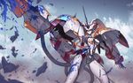  absurdres blood blue_blood blue_sky breasts cameltoe commentary_request covered_nipples darling_in_the_franxx highres humanoid_robot lance licking_lips mecha medium_breasts polearm robot sky solo strelizia tongue tongue_out weapon zhen_long 