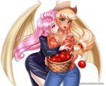  2017 apple applejack_(mlp) bat_wings big_breasts bite blonde_hair blood breasts clothed clothing cowboy_hat digital_media_(artwork) duo eyelashes female flutterbat_(mlp) fluttershy_(mlp) food freckles friendship_is_magic fruit fully_clothed green_eyes hair hand_on_breast hat human humanoid long_hair mammal membranous_wings my_little_pony neck_bite pink_hair pointy_ears racoon-kun red_eyes simple_background white_background winged_humanoid wings 