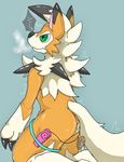  2017 ambiguous_gender anal anthro black_nose canine clothing costume digital_drawing_(artwork) digital_media_(artwork) dusk_lycanroc fwrscale hi_res lycanroc mammal nintendo pok&eacute;mon pok&eacute;mon_(species) rubber sex_toy simple_background solo vibrator video_games 