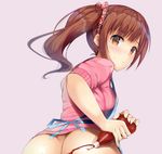  apron ass back banned_artist blush breasts brown_eyes brown_hair eyebrows_visible_through_hair fay_(fay_axl) idolmaster idolmaster_cinderella_girls igarashi_kyouko ketchup long_hair looking_at_viewer medium_breasts side_ponytail solo sweatdrop 