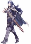  blue_eyes blue_hair cape cosplay falchion_(fire_emblem) fire_emblem fire_emblem:_kakusei highres krom krom_(cosplay) long_hair looking_at_viewer lucina short_hair smile sword tiara tomentomob weapon 