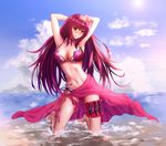 armpits arms_behind_head arms_up barefoot bikini breasts cleavage cloud day fate/grand_order fate_(series) flower hair_flower hair_ornament holster kneeling knife kunai large_breasts lens_flare long_hair navel ocean outdoors purple_bikini purple_hair purple_sarong red_eyes sarong scathach_(fate)_(all) scathach_(swimsuit_assassin)_(fate) side-tie_bikini sky solo swimsuit thigh_holster throwing_knife wading water weapon wind wind_lift yuzuriha 