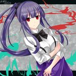  asagami_fujino bangs black_neckwear bow bowtie breasts commentary_request dated dutch_angle eyebrows_visible_through_hair fate/grand_order fate_(series) hair_between_eyes hebitsukai-san highres kara_no_kyoukai long_hair long_sleeves looking_at_viewer medium_breasts ponytail purple_hair purple_skirt red_eyes shirt sidelocks skirt solo twitter_username very_long_hair white_shirt 