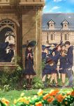  6+girls blurry blurry_foreground boots box broom brown_hair building cape commentary_request day depth_of_field falling flower gift gift_box glasses grass hat highres multiple_girls nervous original outdoors school somehira_katsu standing valentine witch witch_hat 