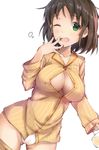  banned_artist black_hair blush breasts cameltoe cleavage cup fay_(fay_axl) green_eyes harada_miyo idolmaster idolmaster_cinderella_girls large_breasts mug one_eye_closed pajamas panties short_hair simple_background solo tears underwear white_background white_panties yawning 