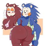  2018 animal_crossing anthro apron big_breasts big_butt blush breasts butt butt_grab clothing duo female hand_on_butt hedgehog hi_res huge_breasts huge_butt jinu mabel_able mammal naked_apron nintendo sable_able sibling side_boob sisters thick_thighs video_games wide_hips 