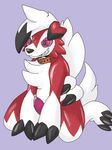  2017 anthro black_nose canine clothing collar costume crying digital_drawing_(artwork) digital_media_(artwork) erection fwrscale hi_res lycanroc male mammal midnight_lycanroc nintendo penis pok&eacute;mon pok&eacute;mon_(species) precum rubber shiny simple_background smile solo suit tears video_games were 