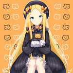  abigail_williams_(fate/grand_order) bangs black_bow black_dress black_hat blonde_hair bloomers blue_eyes blush bow brown_background bug butterfly closed_mouth commentary_request dress eyebrows_visible_through_hair fate/grand_order fate_(series) forehead hair_bow hat head_tilt insect long_hair long_sleeves looking_at_viewer object_hug orange_bow parted_bangs polka_dot polka_dot_bow rocm_(nkkf3785) sleeves_past_fingers sleeves_past_wrists smile solo stuffed_animal stuffed_toy teddy_bear underwear very_long_hair white_bloomers 