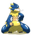  2016 3_fingers 3_toes anthro avian blue_eyes bulge clothed clothing costume digital_drawing_(artwork) digital_media_(artwork) fursuit gigash hi_res kastronome_(character) kneeling male rubber shiny simple_background solo toes white_background 