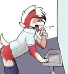  ... 2018 5_fingers absurd_res anthro claws clothed clothing dialogue digital_drawing_(artwork) digital_media_(artwork) english_text eyewear fur glasses hair hi_res human lycanroc male mammal midnight_lycanroc nintendo open_mouth pok&eacute;mon pok&eacute;mon_(species) red_eyes red_fur sa_no simple_background solo sweat text tongue tongue_out transformation video_games white_fur white_hair 