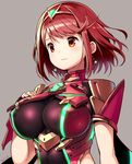  blush breasts earrings hair_ornament highres homura_(xenoblade_2) iinuma_toshinori jewelry large_breasts red_eyes red_hair short_hair simple_background smile solo tiara white_background xenoblade_(series) xenoblade_2 