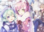  3girls altina_orion aqua_hair ash_carbide beret cup earmuffs eevee-moon eiyuu_densetsu gloves green_eyes hat high_ponytail juna_crawford kurt_vander multiple_boys multiple_girls musse_egret one_eye_closed open_mouth pink_hair purple_eyes purple_hat scarf sen_no_kiseki sen_no_kiseki_3 short_hair smile snowing snowman teeth winter_clothes 