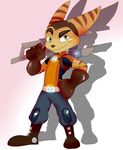  2016 4_fingers absurd_res anthro brown_nose clothing gloves glowing gradient_background green_eyes hand_on_hip hi_res holding_object holding_weapon jaynatorburudragon lombax male raised_eyebrow ratchet ratchet_and_clank simple_background smile smirk solo video_games weapon 