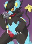  2017 anthro bell collar costume crying digital_drawing_(artwork) digital_media_(artwork) feline fursuit fwrscale hi_res luxray male mammal nintendo penis pok&eacute;mon pok&eacute;mon_(species) purple_background red_collar red_eyes red_nose sex_toy simple_background solo tears vibrator video_games 