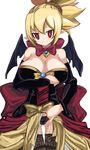  absurdres ass_visible_through_thighs bare_shoulders black_legwear black_panties blonde_hair blush bow bow_panties breasts cleavage closed_mouth cowboy_shot demon_wings detached_sleeves disgaea dress dress_lift eyebrows_visible_through_hair furrowed_eyebrows hair_between_eyes head_tilt highres lace lace-trimmed_thighhighs lace_panties large_breasts lingirie long_sleeves looking_at_viewer makai_senki_disgaea_2 maou_(maoudaisukiya) panties pinky_out pointy_ears red_bow red_eyes rozalin slit_pupils smile solo standing thighhighs underwear white_background wings 