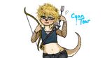  anthro arrow blonde_hair blue_eyes bow bow_(weapon) clothed clothing fur hair male mammal mustelid otter ranged_weapon smile unknown_artist weapon yellow_fur 