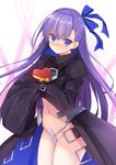  bangs black_coat blue_bow blue_ribbon blush bow box closed_mouth coat commentary_request crotch_plate eyebrows_visible_through_hair fate/extra fate/extra_ccc fate/grand_order fate_(series) gift gift_box hair_between_eyes hair_bow hair_ribbon heart-shaped_box holding holding_gift juliet_sleeves long_hair long_sleeves looking_at_viewer meltlilith navel nose_blush open_clothes open_coat puffy_sleeves purple_eyes purple_hair rennkuu revealing_clothes ribbon sleeves_past_fingers sleeves_past_wrists solo valentine very_long_hair 