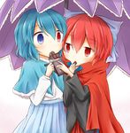  black_shirt blue_capelet blue_eyes blue_hair blue_skirt bow cape capelet chocolate_bar feeding fur-trimmed_capelet fur_trim hair_bow head_to_head heterochromia highres long_sleeves looking_at_another multiple_girls pleated_skirt puchimirin red_cape red_eyes red_hair red_skirt sekibanki shirt short_hair simple_background skirt tatara_kogasa touhou umbrella untucked_shirt white_background white_shirt 