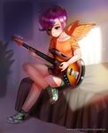  2017 clothed clothing crossed_legs digital_media_(artwork) feathered_wings feathers female footwear friendship_is_magic guitar hair humanoid musical_instrument my_little_pony orange_feathers playing_guitar playing_music purple_eyes purple_hair racoon-kun scootaloo_(mlp) shoes sitting solo winged_humanoid wings 