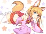  animal_ear_fluff animal_ears bangs bare_shoulders bell blonde_hair blue_eyes blush bow commentary detached_sleeves eyebrows_visible_through_hair fang fox_ears fox_tail hand_on_own_cheek ikomochi jingle_bell kemomimi_oukoku_kokuei_housou lying midriff mikoko_(kemomimi_oukoku_kokuei_housou) no_shoes on_side open_mouth pink_vest red_bow red_skirt ribbon-trimmed_legwear ribbon_trim skirt solo star starry_background tail thighhighs twintails vest virtual_youtuber white_legwear wide_sleeves zettai_ryouiki 