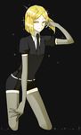  androgynous blonde_hair elbow_gloves flipped_hair gem_uniform_(houseki_no_kuni) gloves houseki_no_kuni looking_at_viewer necktie short_hair shorts smile solo sparkle thighhighs wi_(hiyoko026) yellow_diamond_(houseki_no_kuni) yellow_eyes 