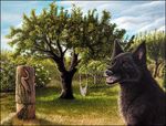  2018 black_fur black_nose brown_eyes canine day detailed_background dog fur grass mammal open_mouth outside sidonie sitting sky smile teeth tree 