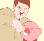  :d adolf_hitler black_hair blush blush_stickers commentary english_commentary facial_hair feeding highres kirby kirby_(series) military military_uniform multiple_boys mustache nazi open_mouth poppage real_life simple_background smile uniform what whipped_cream yellow_background 