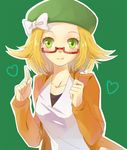  bel_(pokemon) beret blonde_hair blush bow breasts clenched_hand commentary_request dress flipped_hair green_background green_eyes green_hat hair_bow hands_up hat index_finger_raised looking_at_viewer medium_hair pokemon pokemon_(game) pokemon_bw2 red-framed_eyewear smile solo standing upper_body white_bow zyllion 