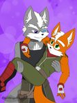  5_fingers anthro blackwingedheart87 canine chest_tuft clothed clothing duo fox fox_mccloud fully_clothed fur grey_fur grin hair holding_(disambiguation) male male/male mammal nintendo orange_fur simple_background smile star_fox tuft video_games wolf wolf_o&#039;donnell 